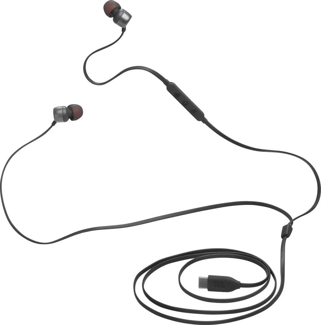 Auriculares negros con puntas rojas y conector USB-C.