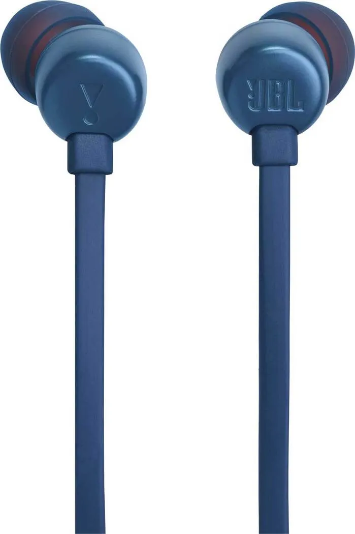 Dos auriculares JBL azules con puntas rojas están conectados por un cable azul. El logotipo de JBL es visible en cada uno.