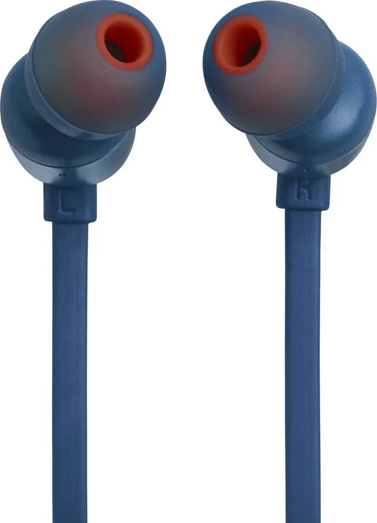 Auriculares JBL azules con puntas naranjas, cables visibles.