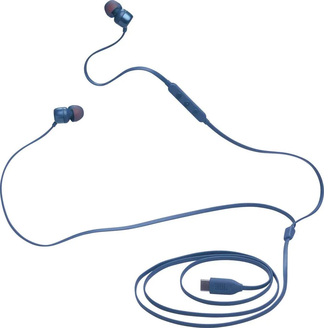 Auriculares internos JBL azules con un cable de carga USB-C.