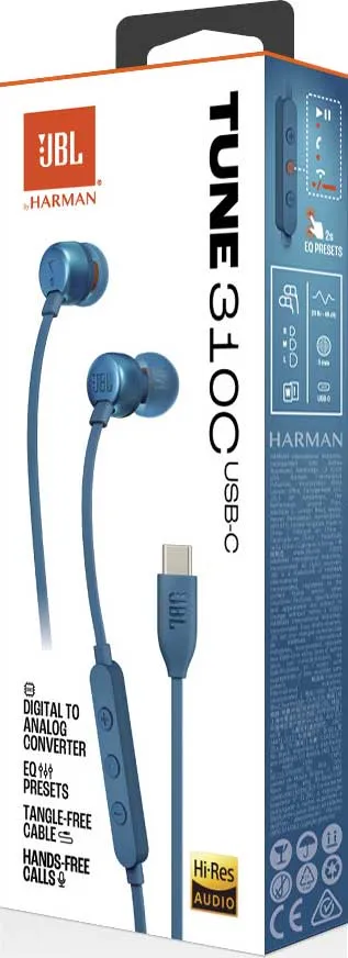 Caja de auriculares JBL Tune 310C USB-C azules. Información detallada del producto visible.