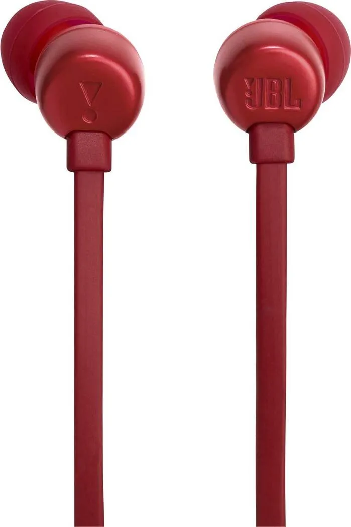 Dos auriculares JBL rojos con cable rojo.
