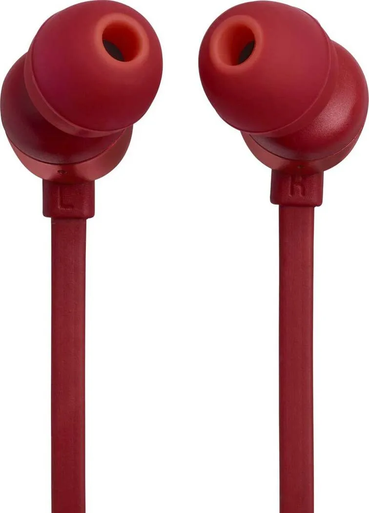 Primer plano de auriculares rojos con cable negro.