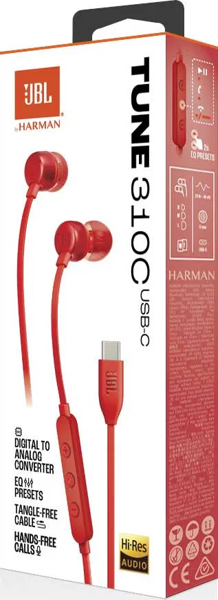 Auriculares rojos con cable USB-C y caja blanca. Texto: 'TUNE 310C USB-C'.