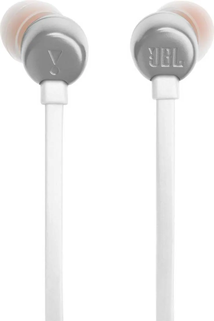 Un par de auriculares blancos con cables blancos y puntas naranjas.