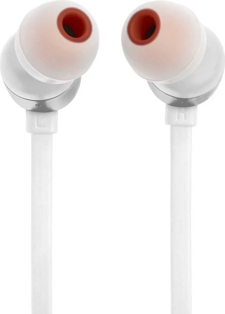 Dos auriculares blancos con puntas naranjas y cables blancos, sobre un fondo blanco.
