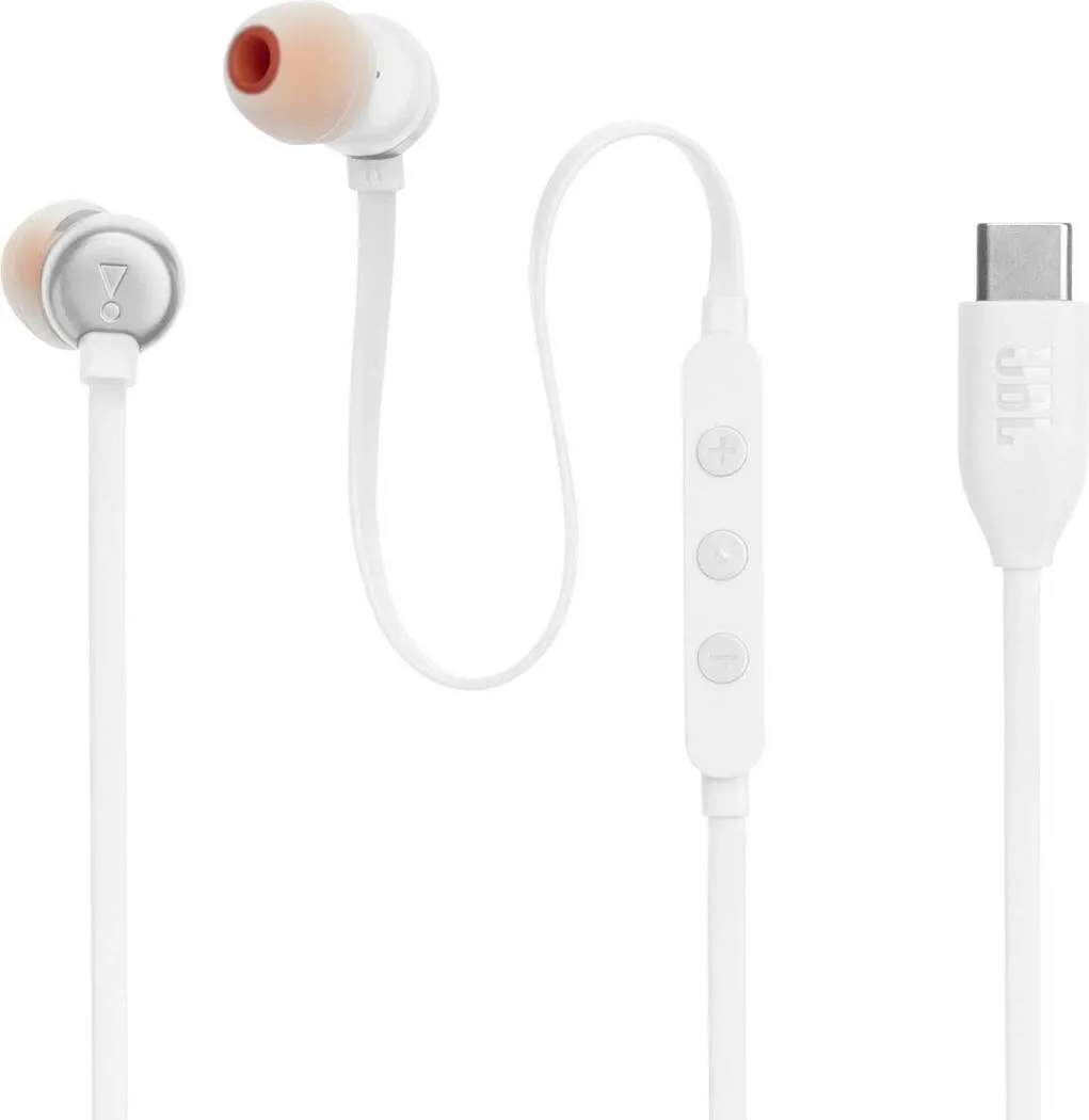 Auriculares JBL blancos con cable blanco y conector USB-C. Las puntas son naranjas.