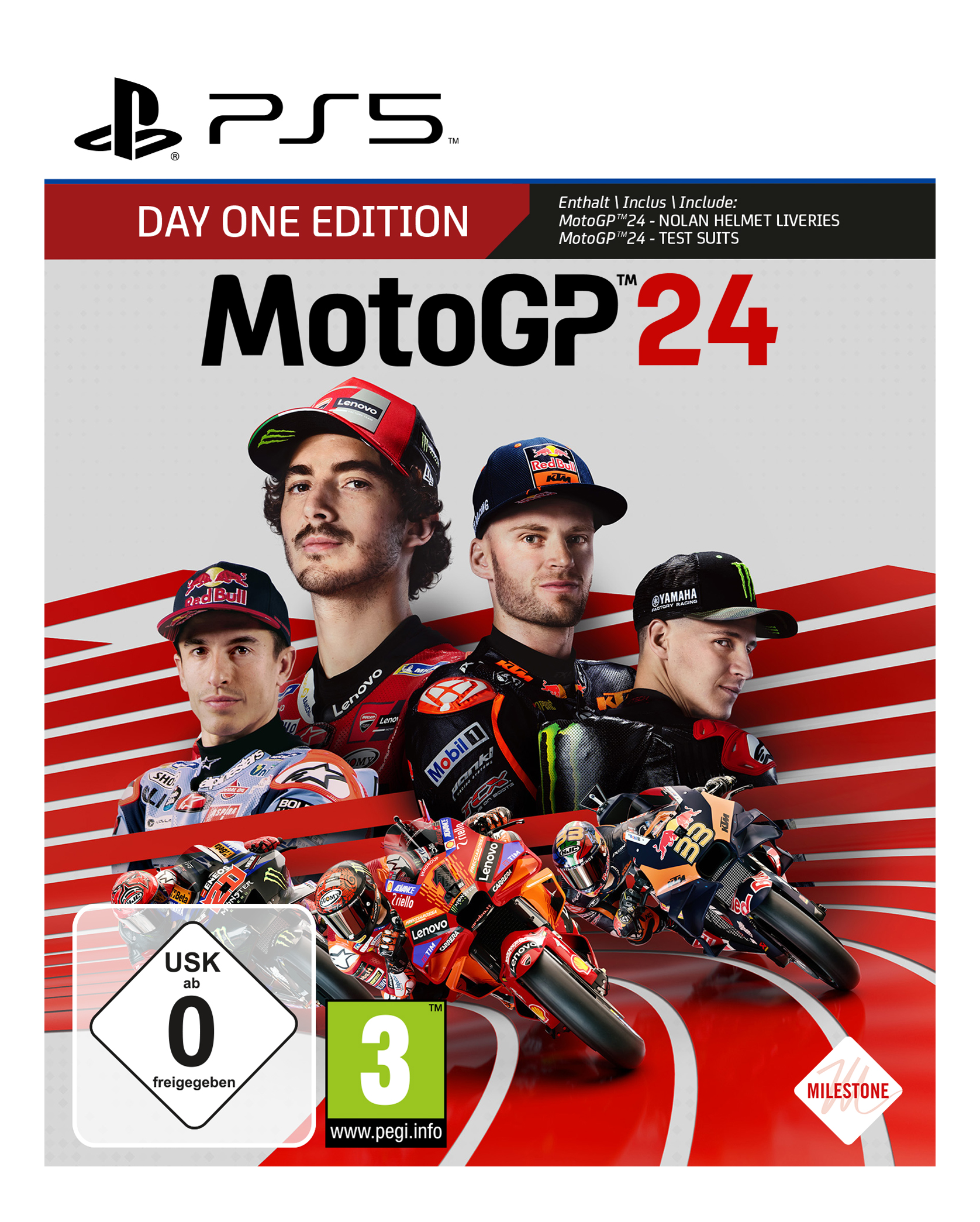 MotoGP 24 Spielcover. Vier Fahrer auf Motorrädern. Day One Edition für PS5. Fahrer und Bikes in Aktion.
