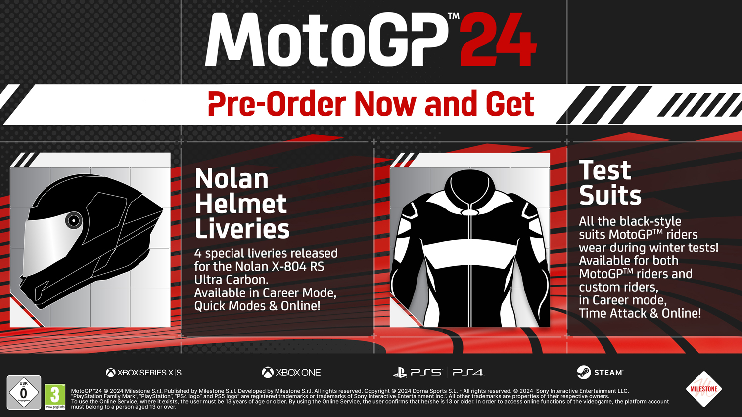 MotoGP 24 Spielwerbung. Helm, Anzug und Konsolenlogos. Text: Jetzt vorbestellen und erhalten.