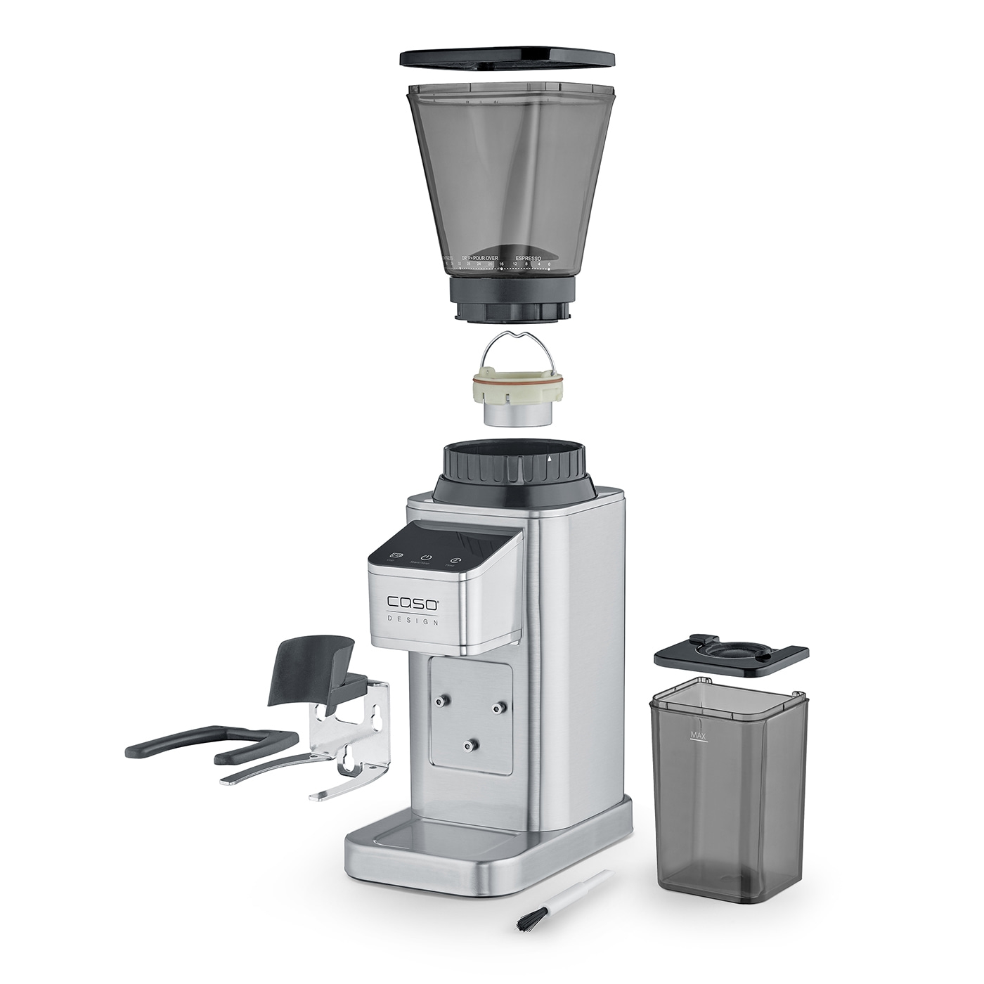 Kaffeemühle, Explosionszeichnung: Trichter, Mahlwerk, Motorsockel und Auffangbehälter.