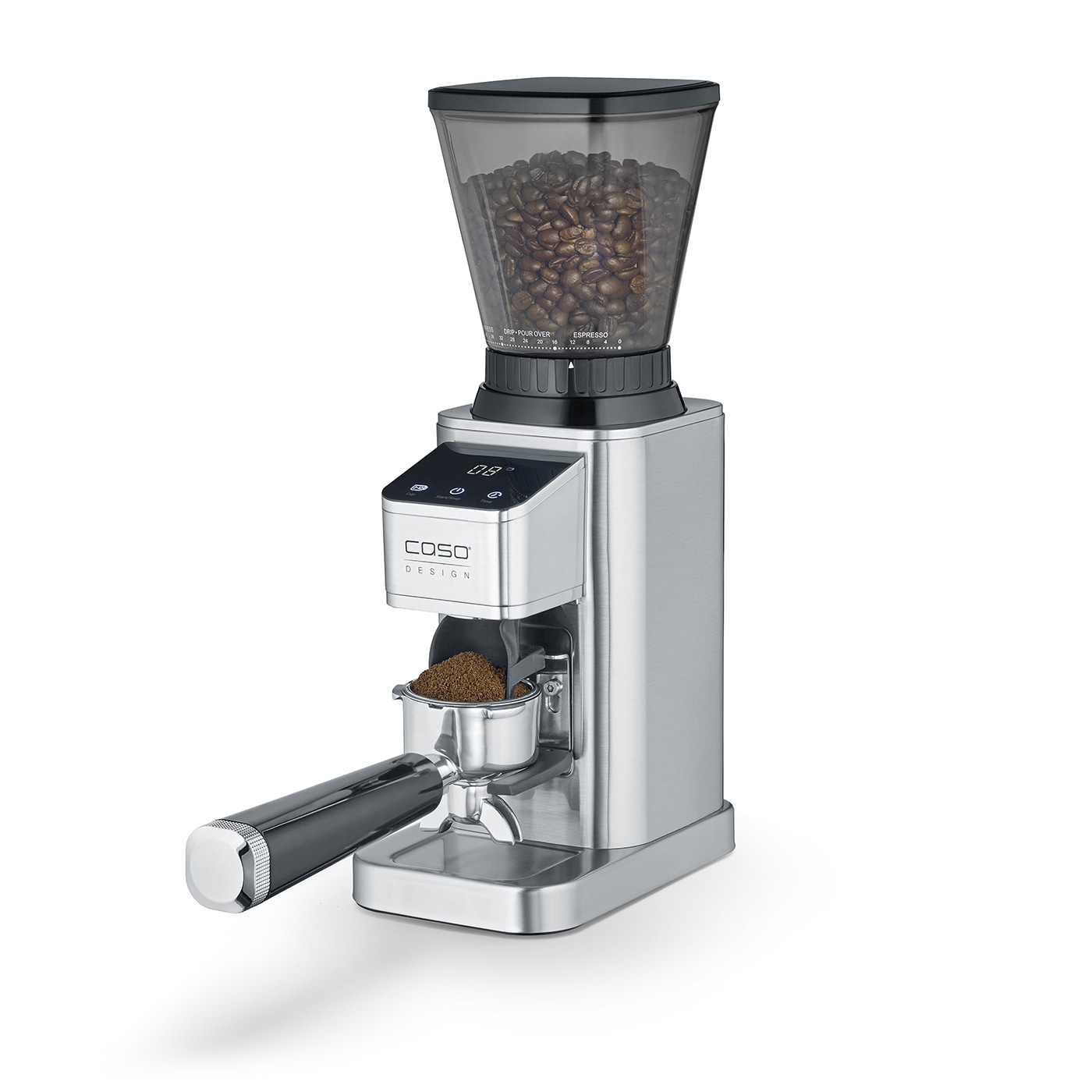Silberne Kaffeemühle mit Kaffeebohnen oben und gemahlenem Kaffee im Halter.