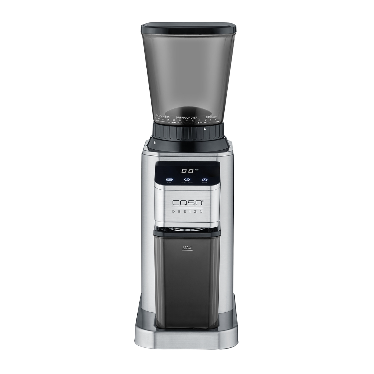Kaffeemühle mit Behälter, Display und Bedienelementen.