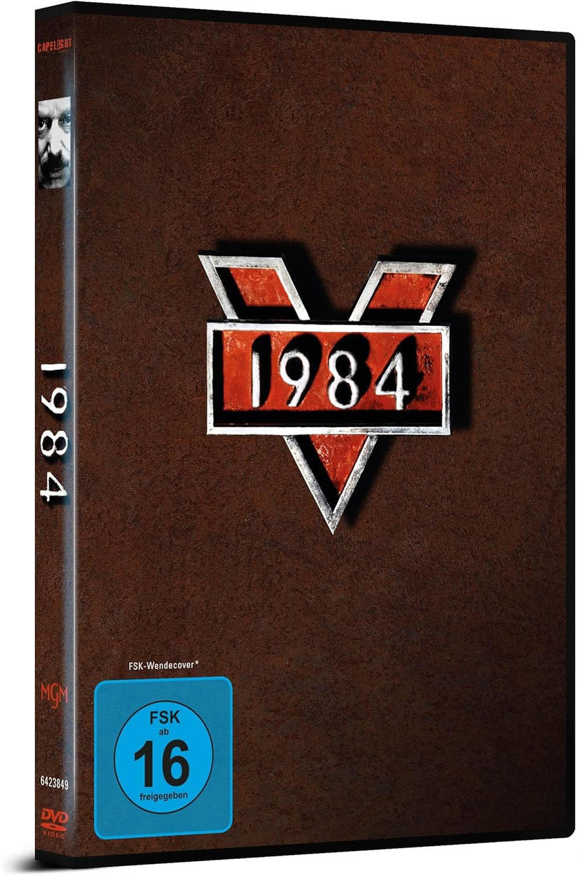 DVD-Hülle für den Film 1984. Dunkelbrauner Umschlag mit Titel in Rot und Weiß.