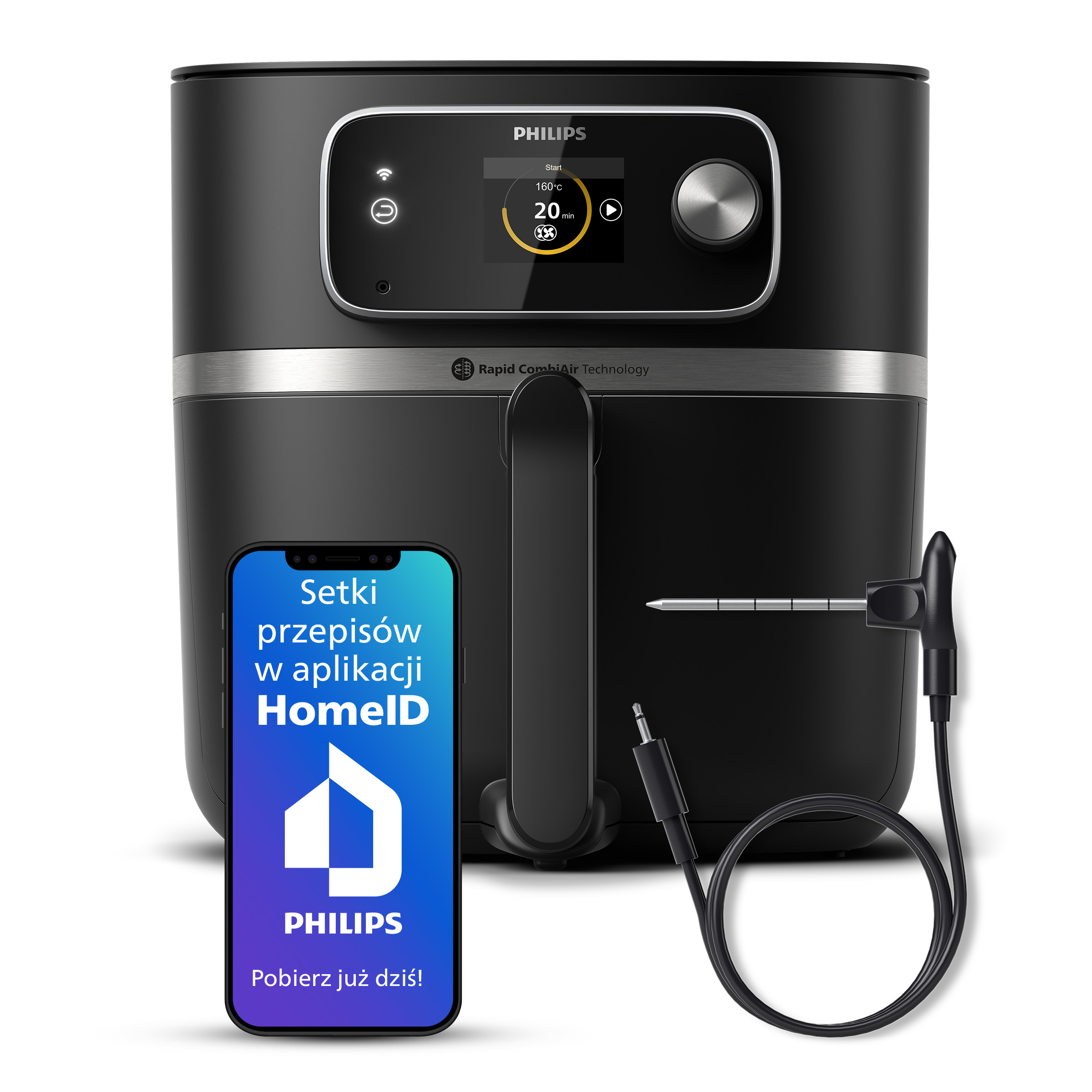 Czarna frytkownica Philips, ze smartfonem wyświetlającym aplikację. Uchwyt i sonda są widoczne.