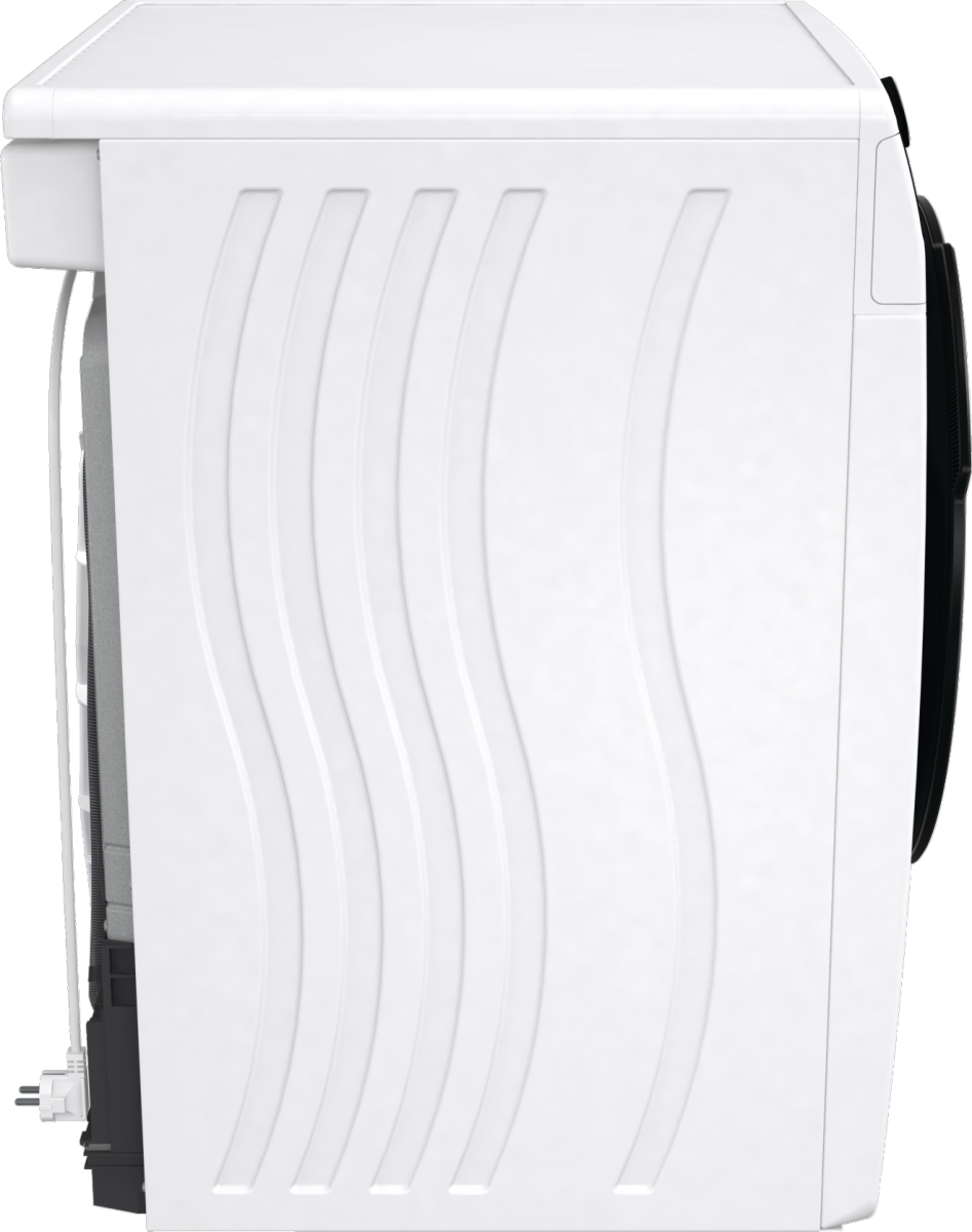 Biała pralka, widok z boku, z falistym wzorem.