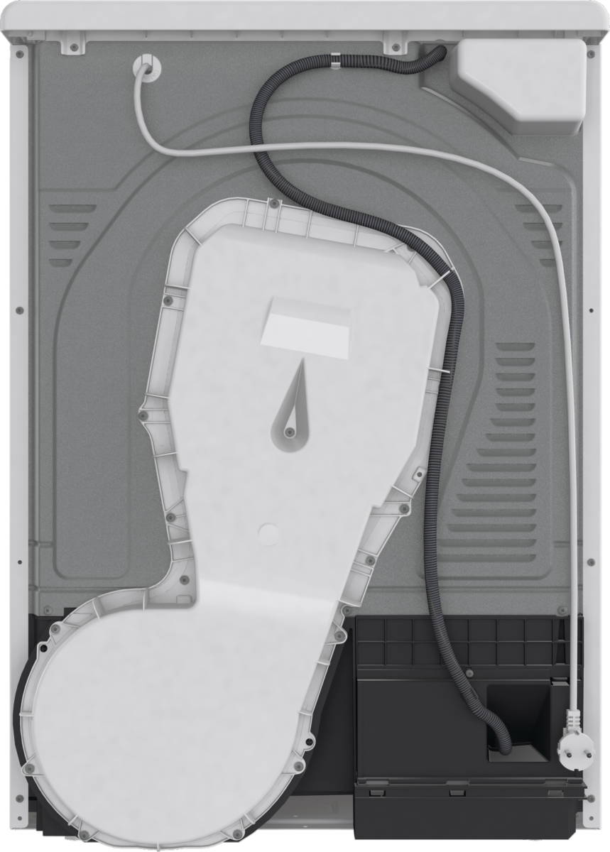 Widok od spodu białej suszarki do ubrań, widoczne elementy wewnętrzne.