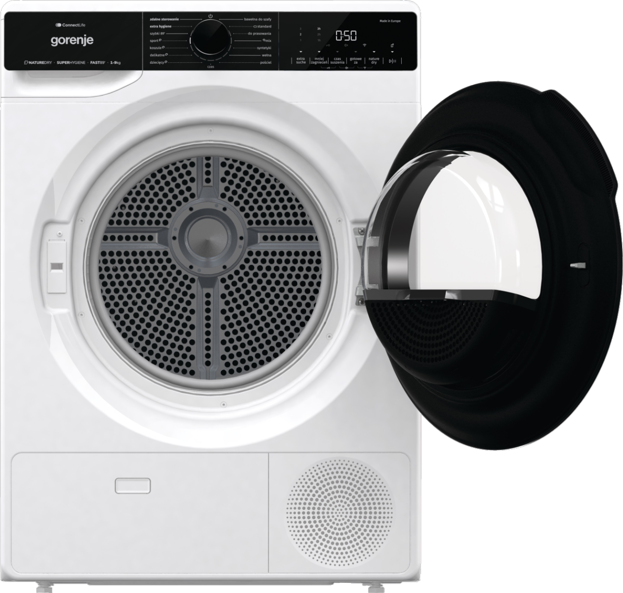 Suszarka Gorenje z otwartymi drzwiami.