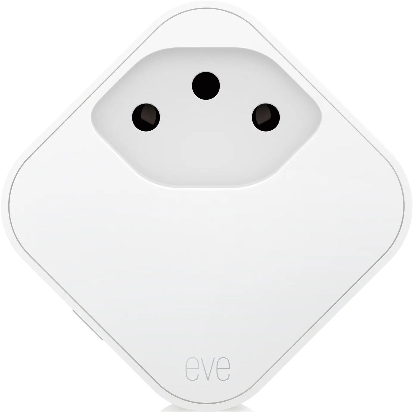 Ein weißer, rautenförmiger Smart-Stecker mit drei Löchern, beschriftet mit 'eve'.