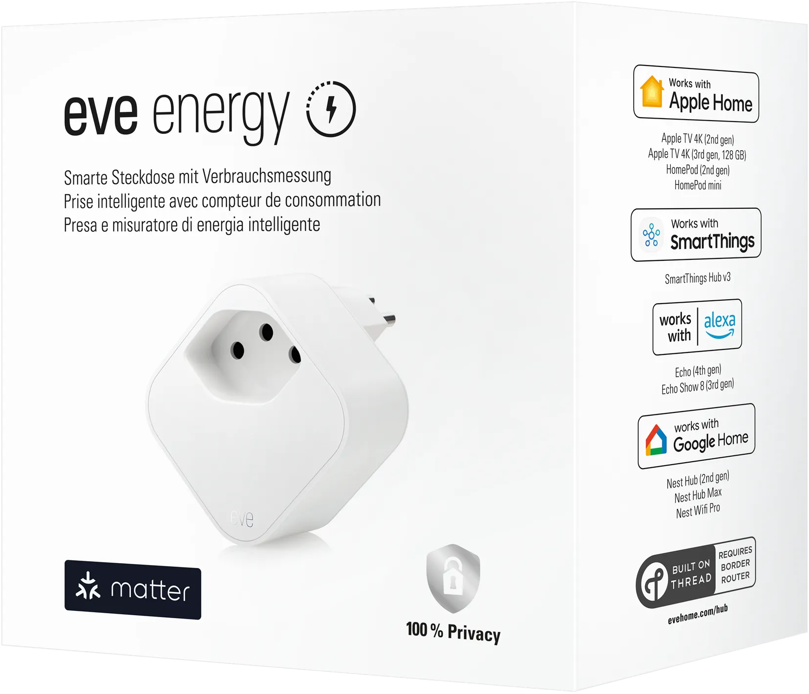 Eine weiße Smart-Plug-Produktbox mit weißem Hintergrund. Der Text lautet 'eve energy' und weitere Details.