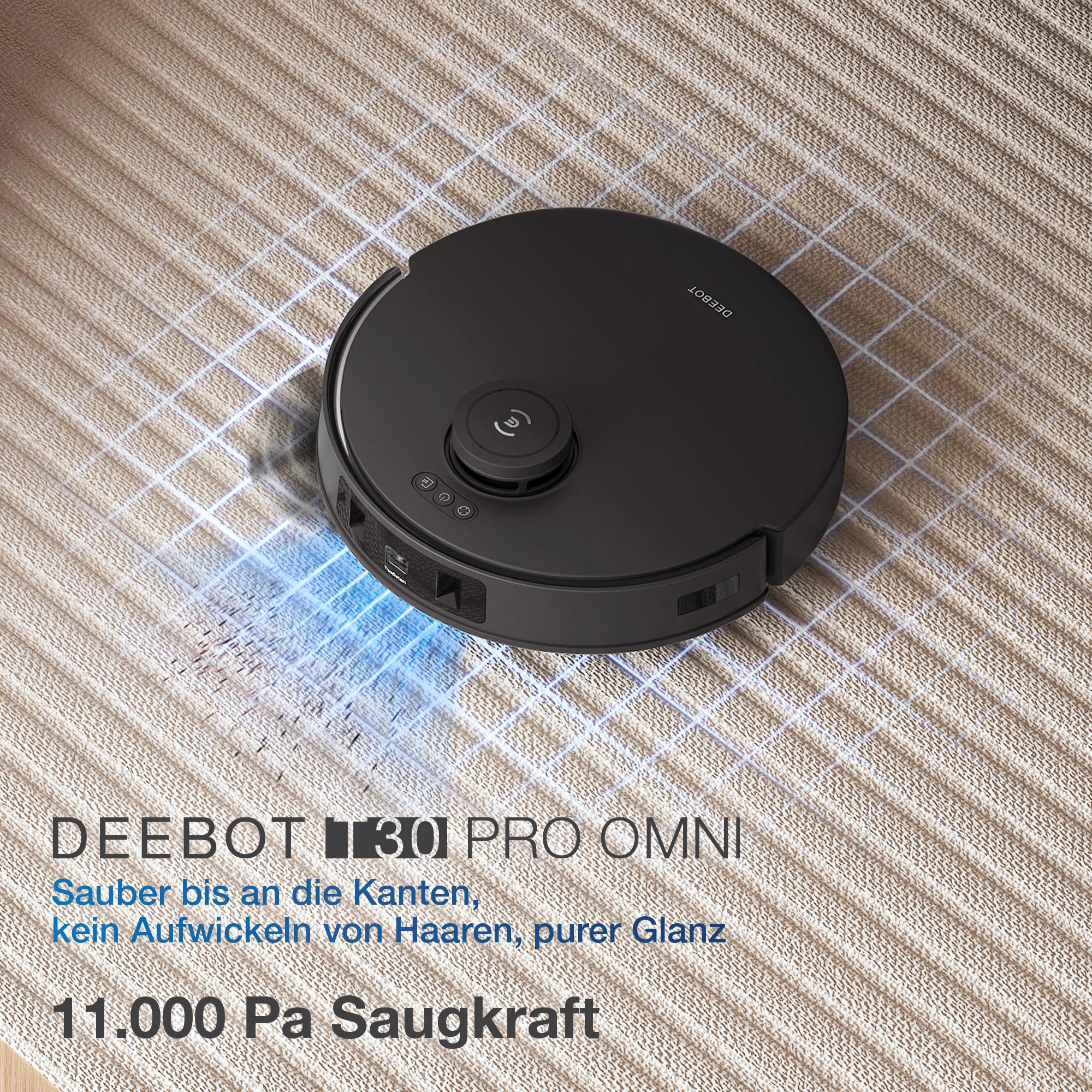 Schwarzer Roboter-Staubsauger auf einem gemusterten Teppich. Blaulichteffekt.