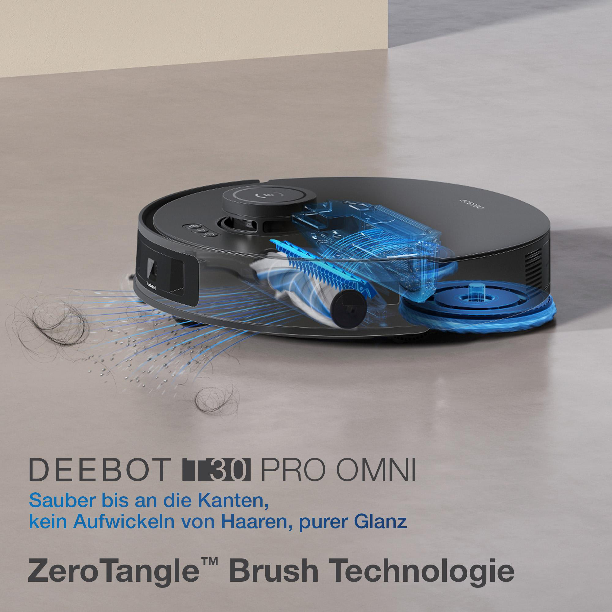 Schwarzer Roboter-Staubsauger auf hellem Boden. Blaue Akzente zeigen Reinigungspfade.
