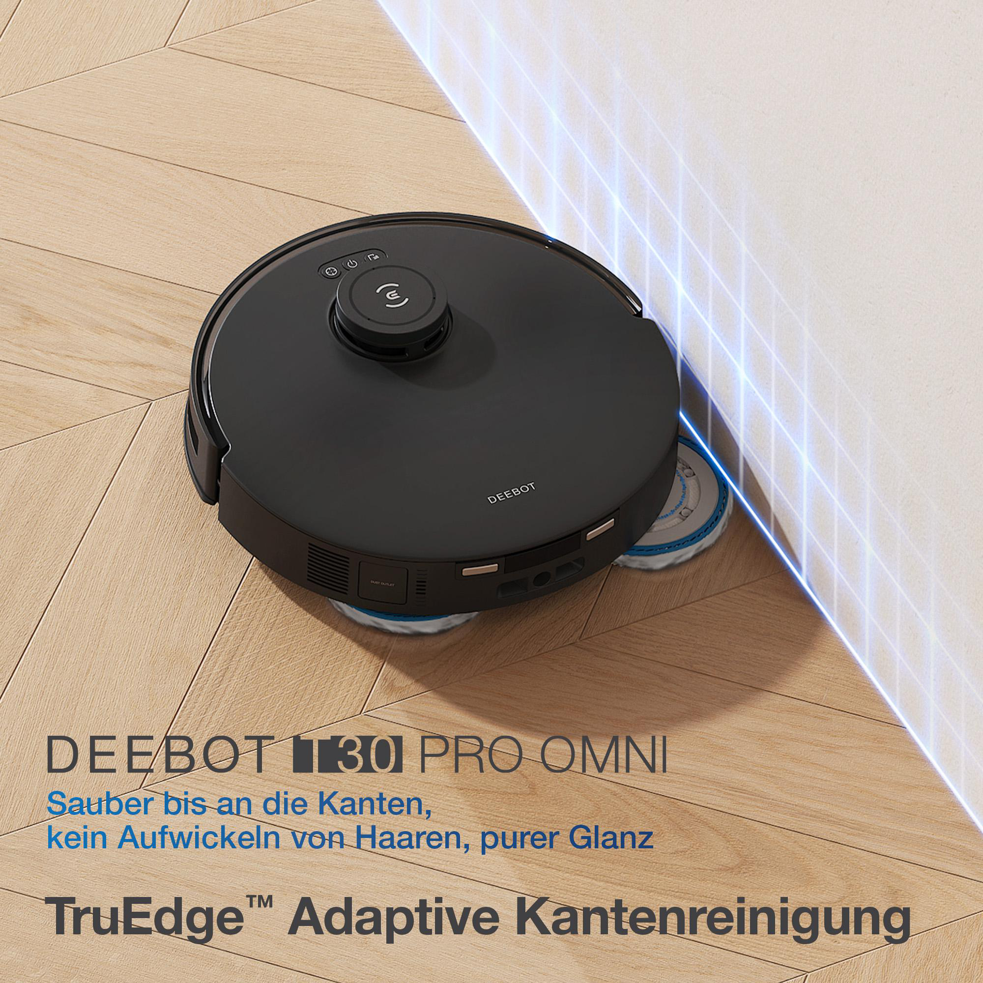 Schwarzer Roboter-Staubsauger auf Holzboden. Text: DEEBOT T30 PRO OMN.