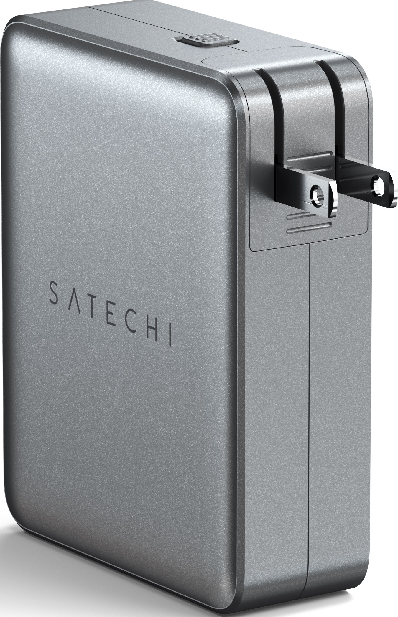 Ein silbernes Satechi-Ladegerät mit US-Stecker-Design, schräge Ansicht.