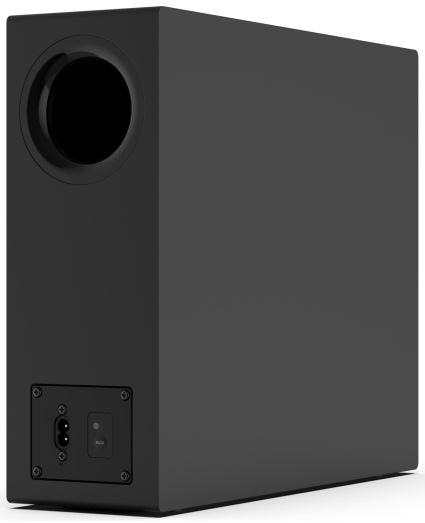 Czarny subwoofer z portem zasilania i przyciskiem parowania z tyłu, widok z boku.