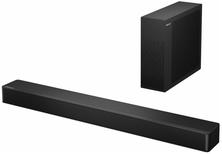 Czarny zestaw soundbar i subwoofer na białym tle. Soundbar jest długi i cienki.