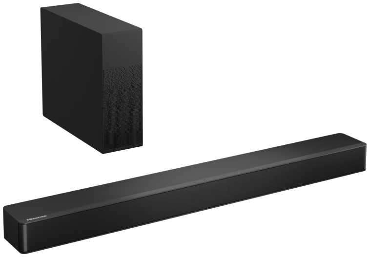 Czarny soundbar i czarny subwoofer na białym tle.