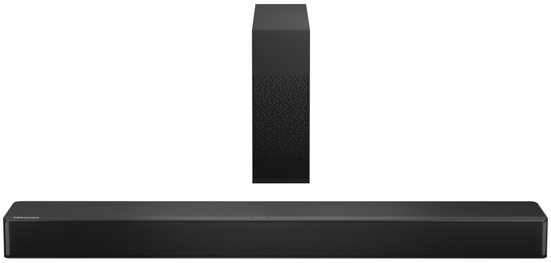 Czarny soundbar Hisense z oddzielnym subwooferem. Soundbar ma prostokątny kształt.