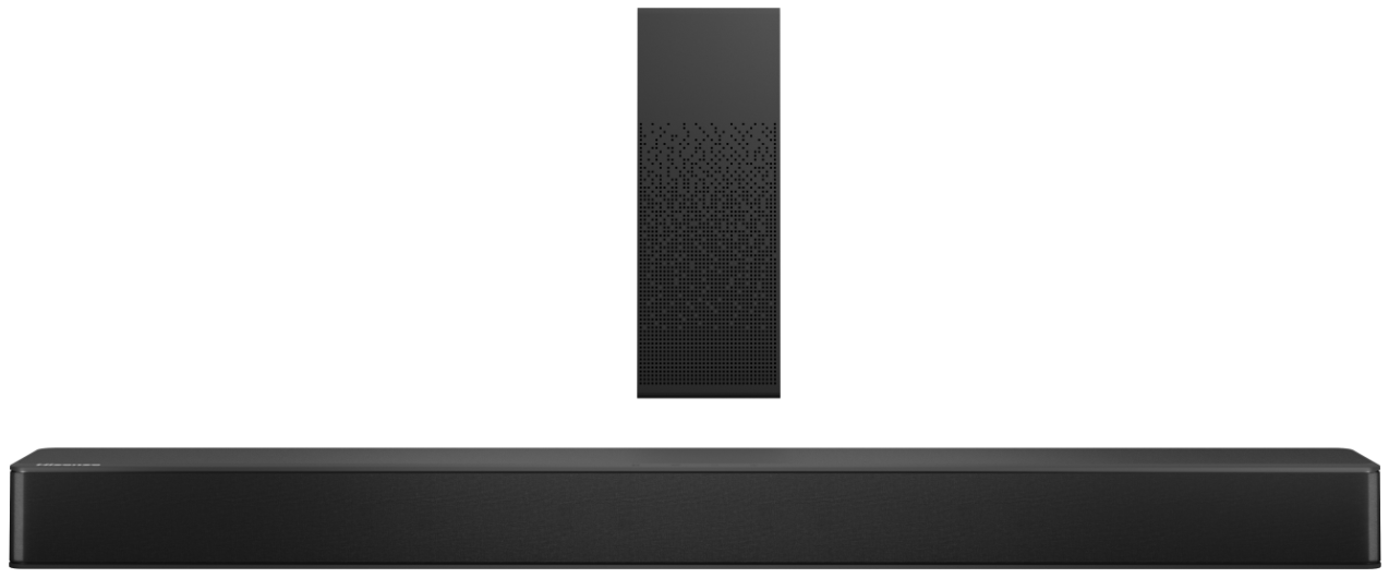 Soundbar i pilot: Czarny soundbar i pasujący pilot, minimalistyczny design.