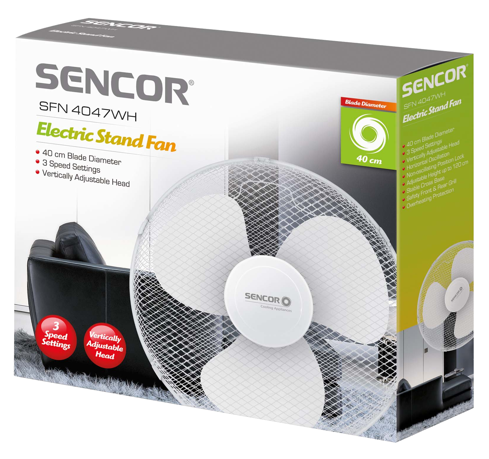 Egy Sencor elektromos állóventilátor doboza, a ventilátorral és annak funkcióival.