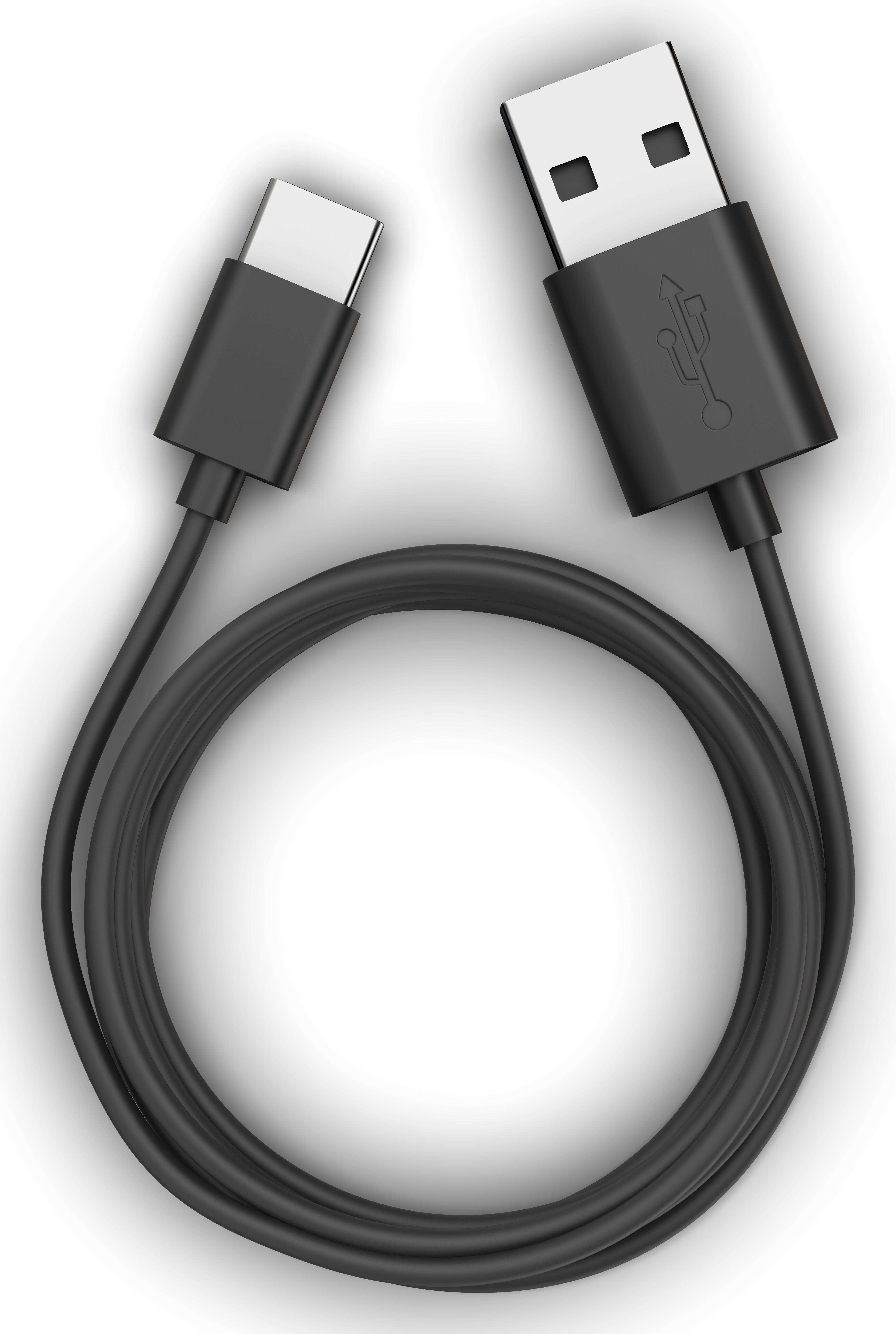 Schwarzes USB-Kabel mit Typ-C- und Standard-USB-Anschlüssen, aufgerollt.