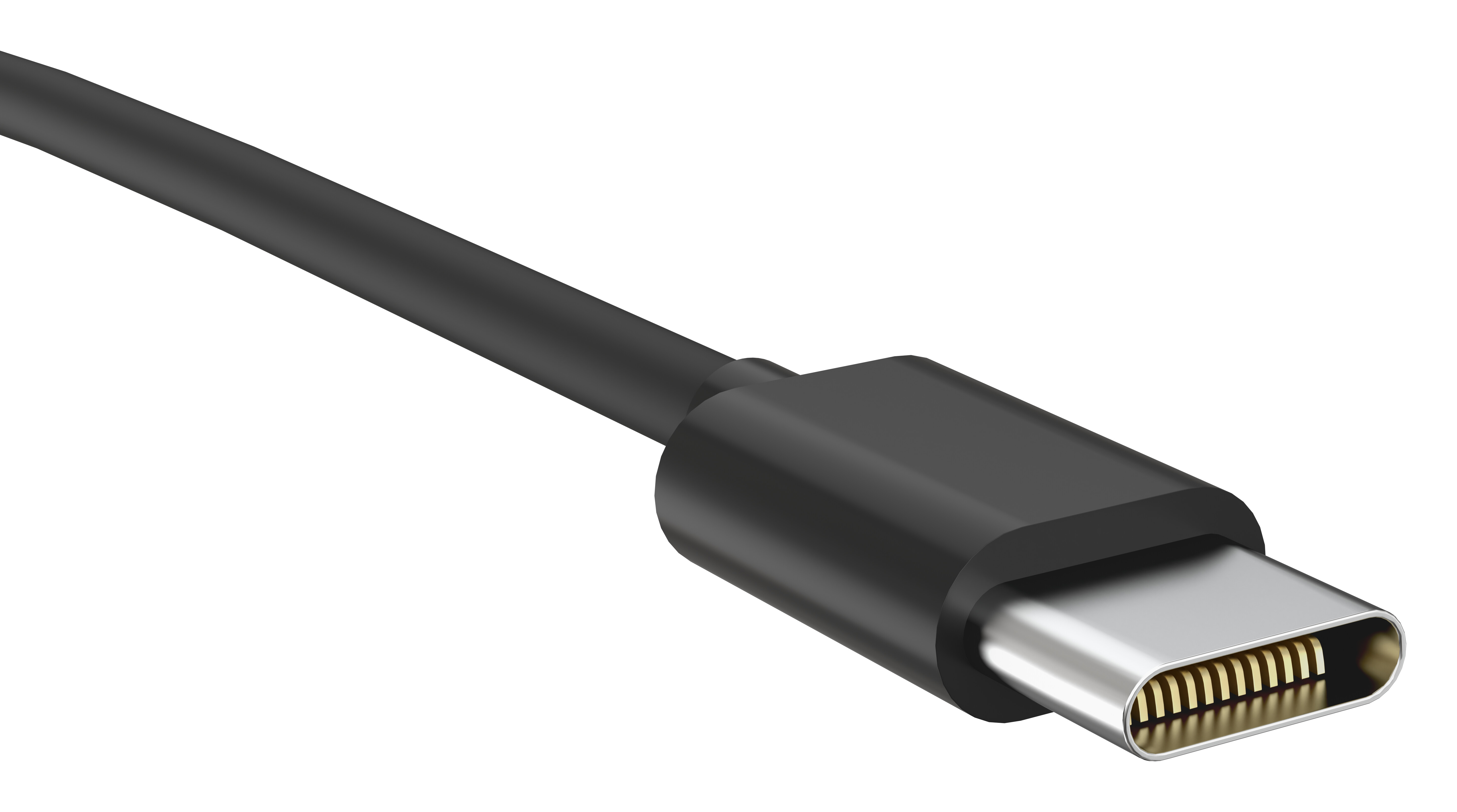 Nahaufnahme eines schwarzen USB-C-Kabels und -Anschlusses auf weißem Hintergrund.