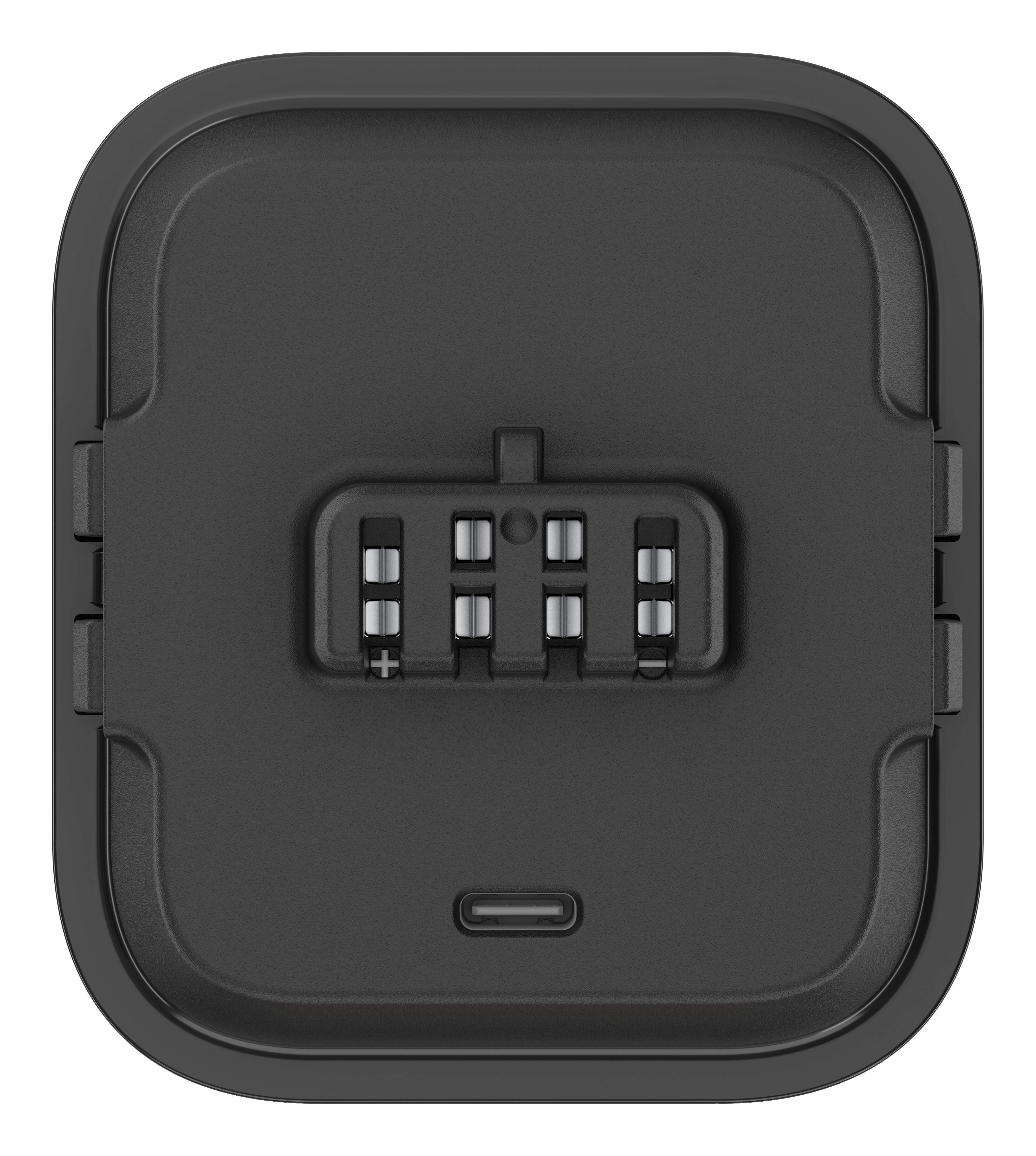 Schwarze quadratische Ladestation für eine Smartwatch. Hat einen Anschluss zum Aufladen.