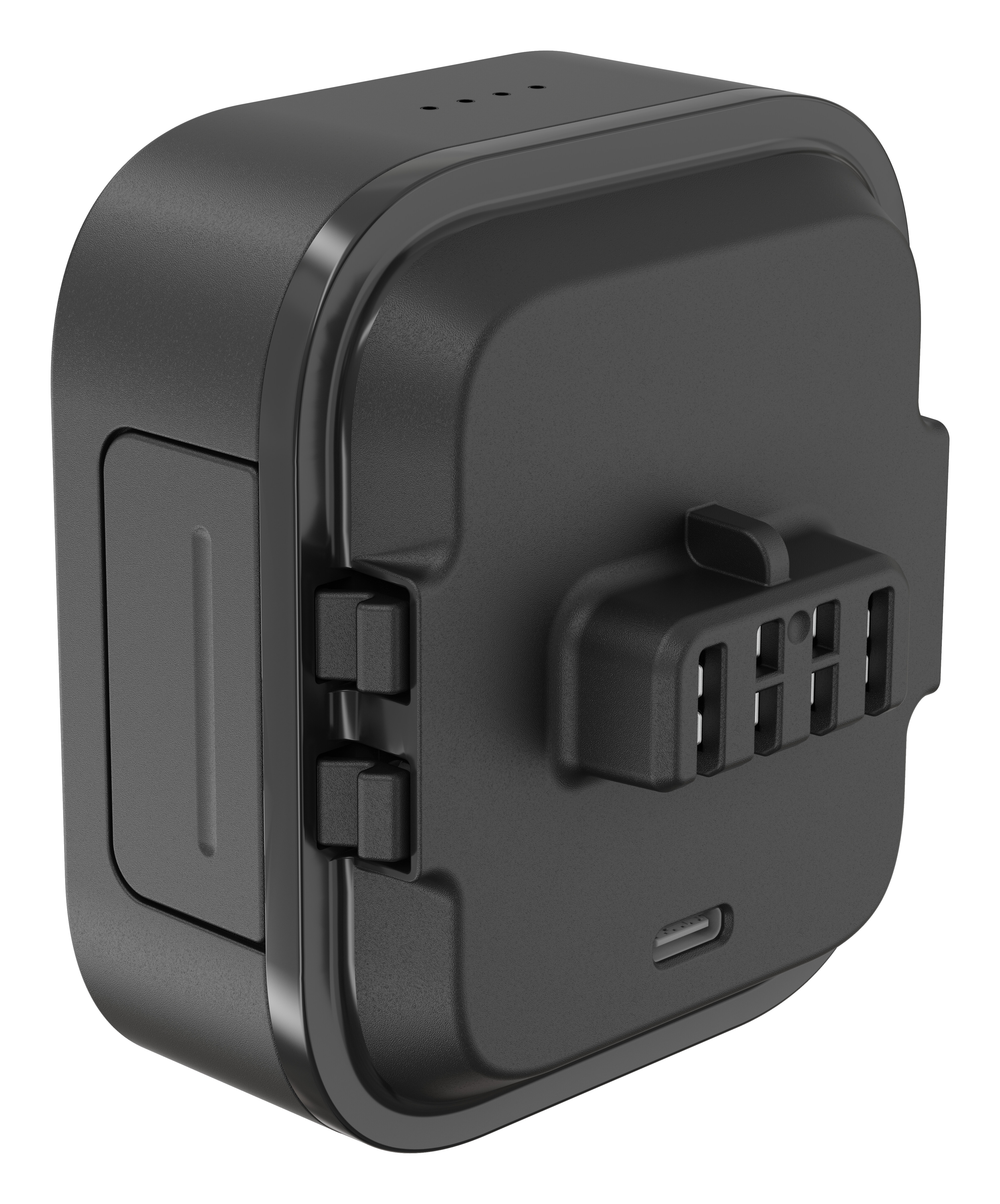 Ein schwarzes Akkupack mit USB-C-Anschluss und einigen Kontrollleuchten.