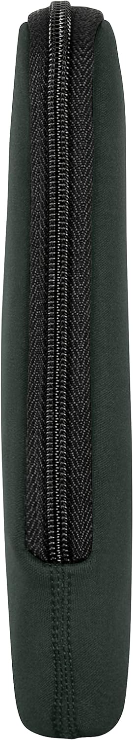 Funda para portátil verde oscuro con cremallera. Cremallera negra con patrón de espiga.