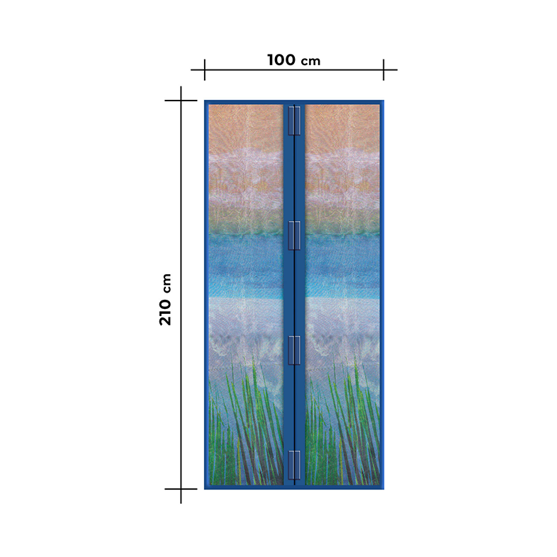 Kék keretű ajtó tengerparti jelenettel. Az ajtó 210 cm magas és 100 cm széles.