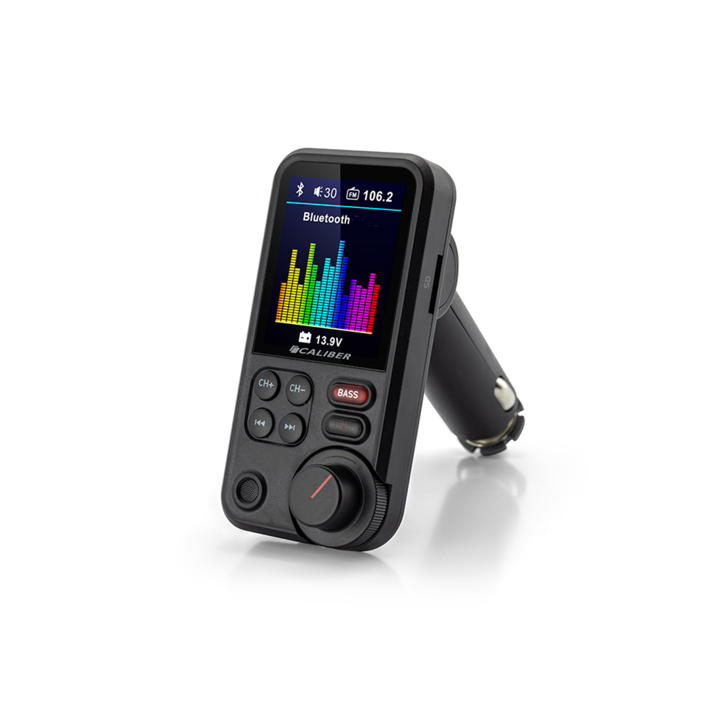 Black car FM transmitter with a screen displaying a spectrum of colors and a bluetooth logo.