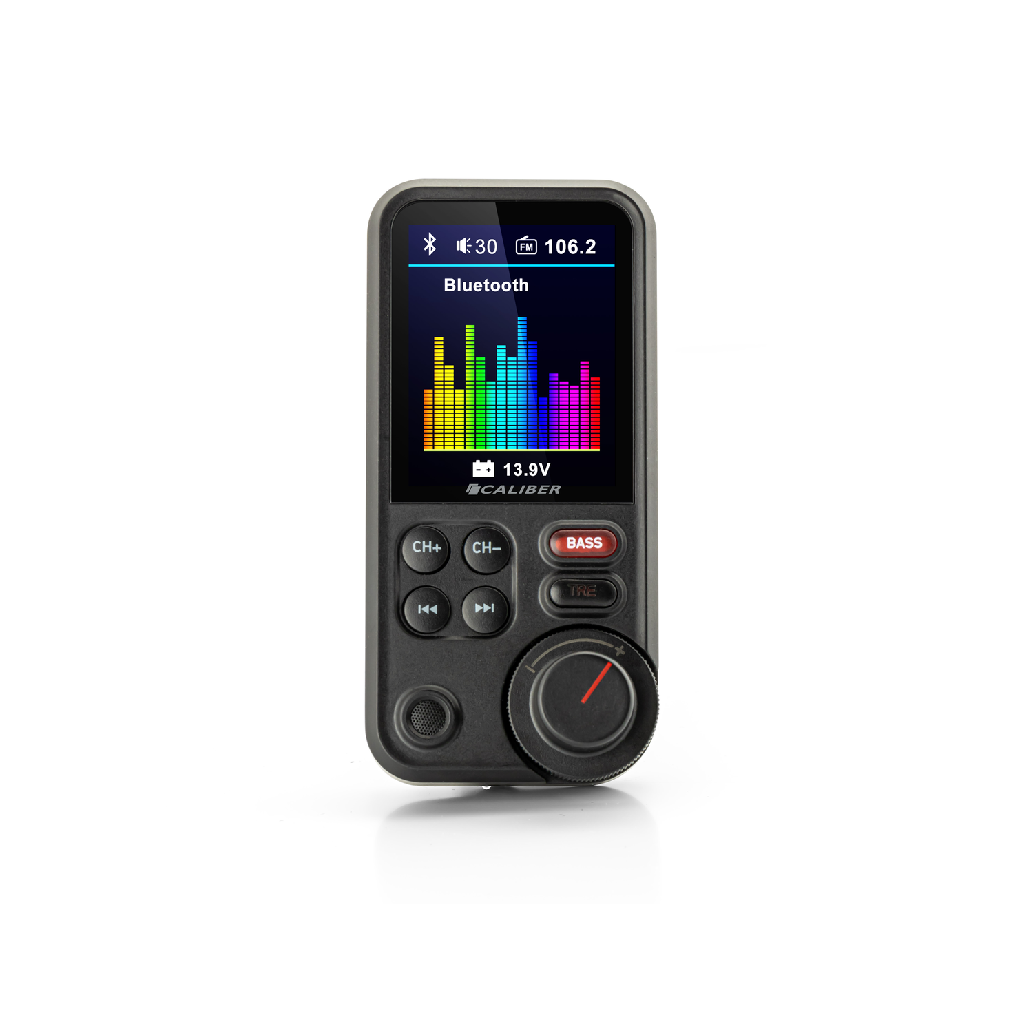 A car audio device with a screen showing Bluetooth and a spectrum analyzer. There is a knob and buttons.