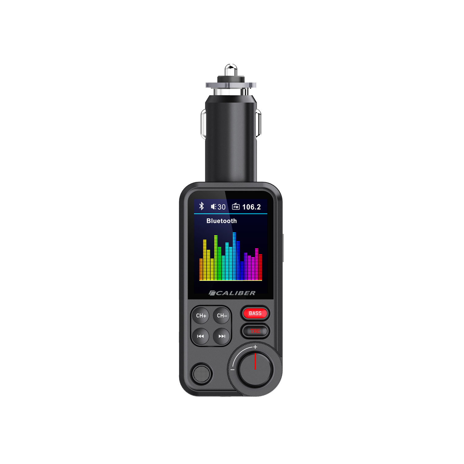 A black car FM transmitter with a screen displaying information. Has control buttons and a dial.
