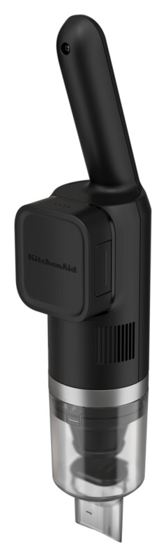 Schwarzer KitchenAid Handstaubsauger, abgewinkelt mit Griff oben. Transparenter Staubbehälter.