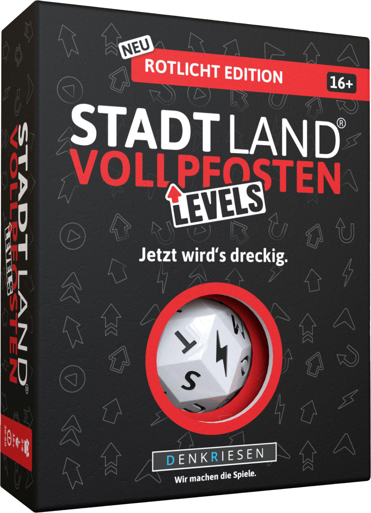 Eine schwarze Box mit dem Spieletitel 'Stadt Land Vollpfosten Levels'. Enthält einen Würfel.