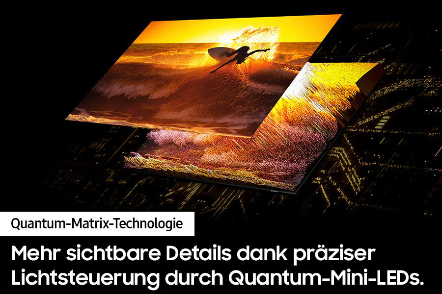 Zwei überlagerte Bilder eines Surfers auf einer Welle und bunte Lichter. Text: Quantum-Matrix-Technologie.