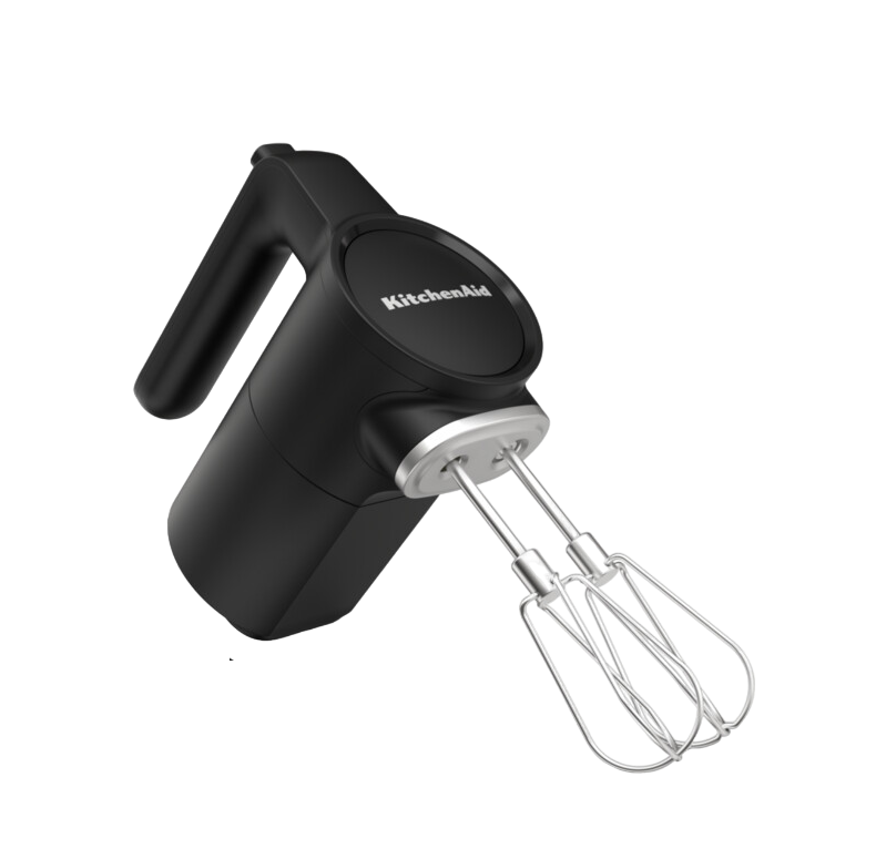 Schwarzer KitchenAid Handmixer mit Schneebesen auf schwarzem Hintergrund.
