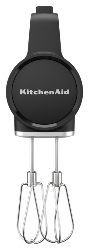 Schwarzer Handmixer mit zwei Rührbesen, KitchenAid-Logo oben, freigestellt auf weißem Hintergrund.