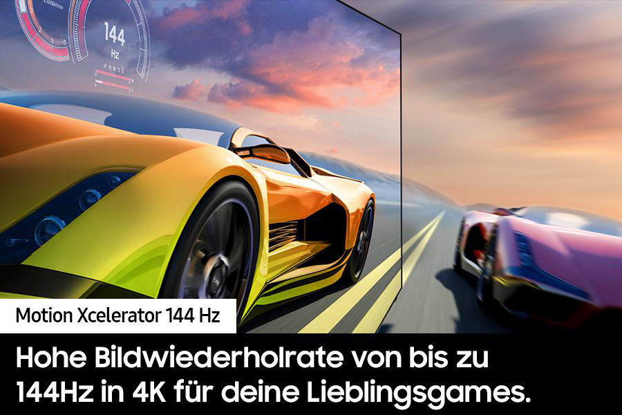 Zwei gelbe Autos rasen. Der Bildschirm zeigt Geschwindigkeitsdaten.