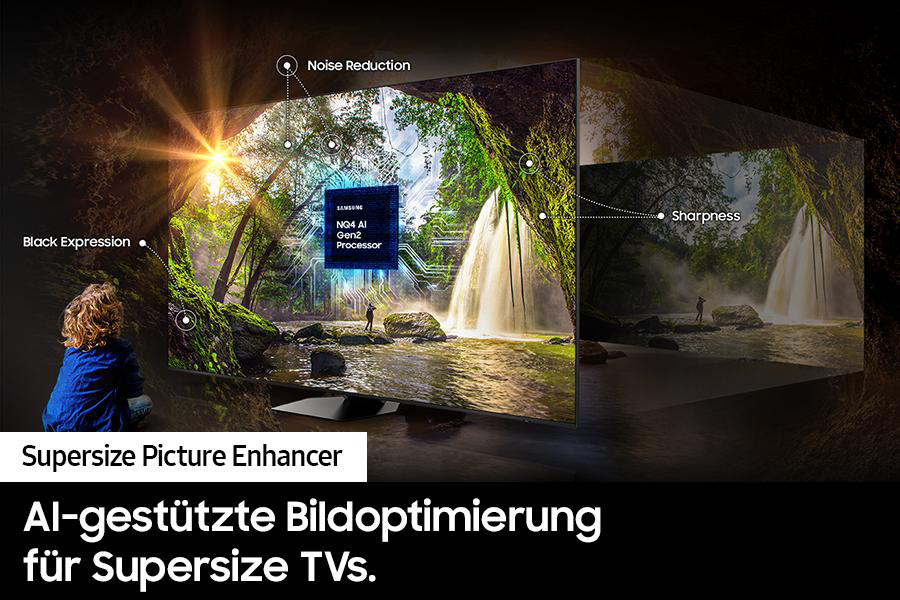 Fernseher mit Wasserfallszene, Text: Supersize Picture Enhancer.