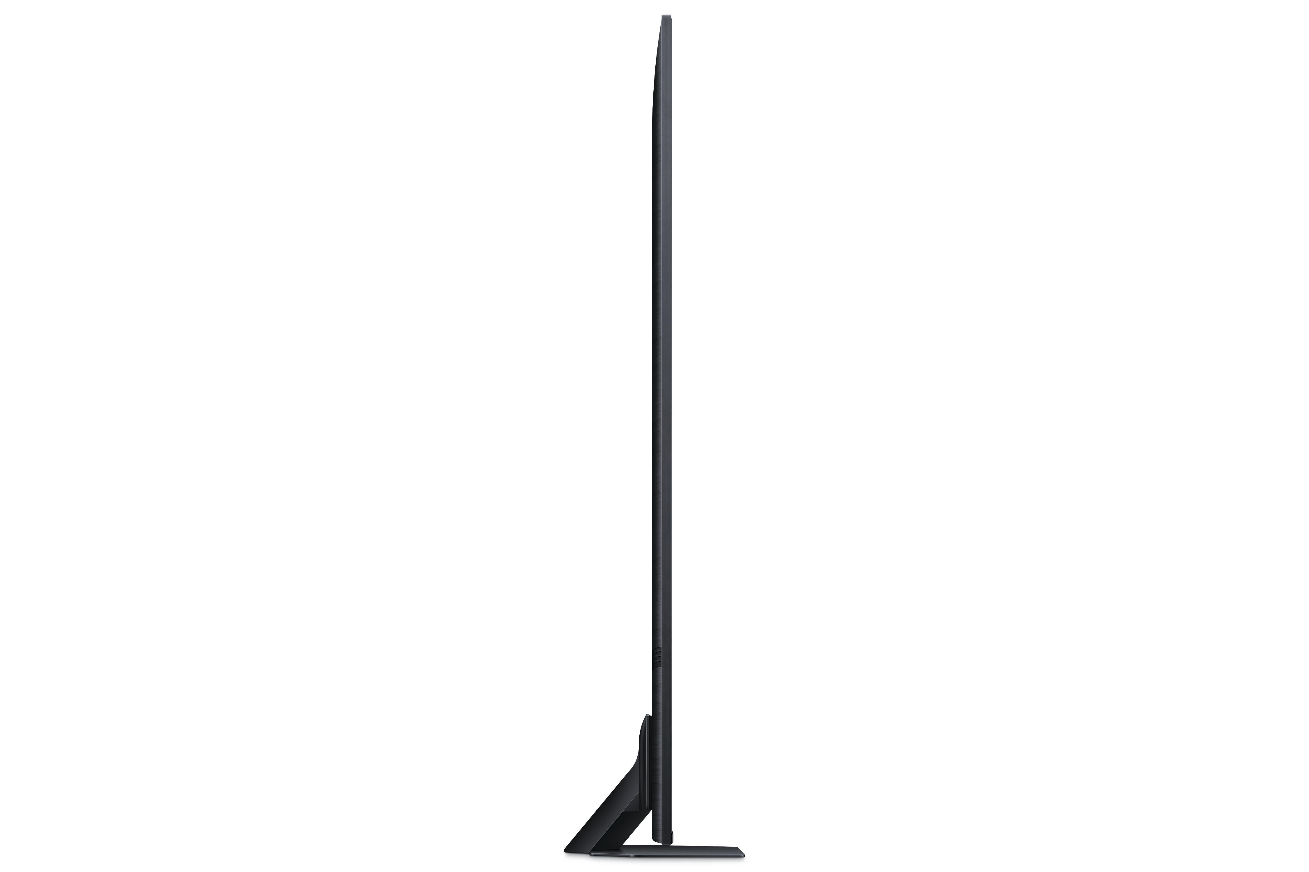 Eine schlanke, schwarze Seitenansicht eines dünnen, modernen Fernsehers mit schwarzem Sockel.